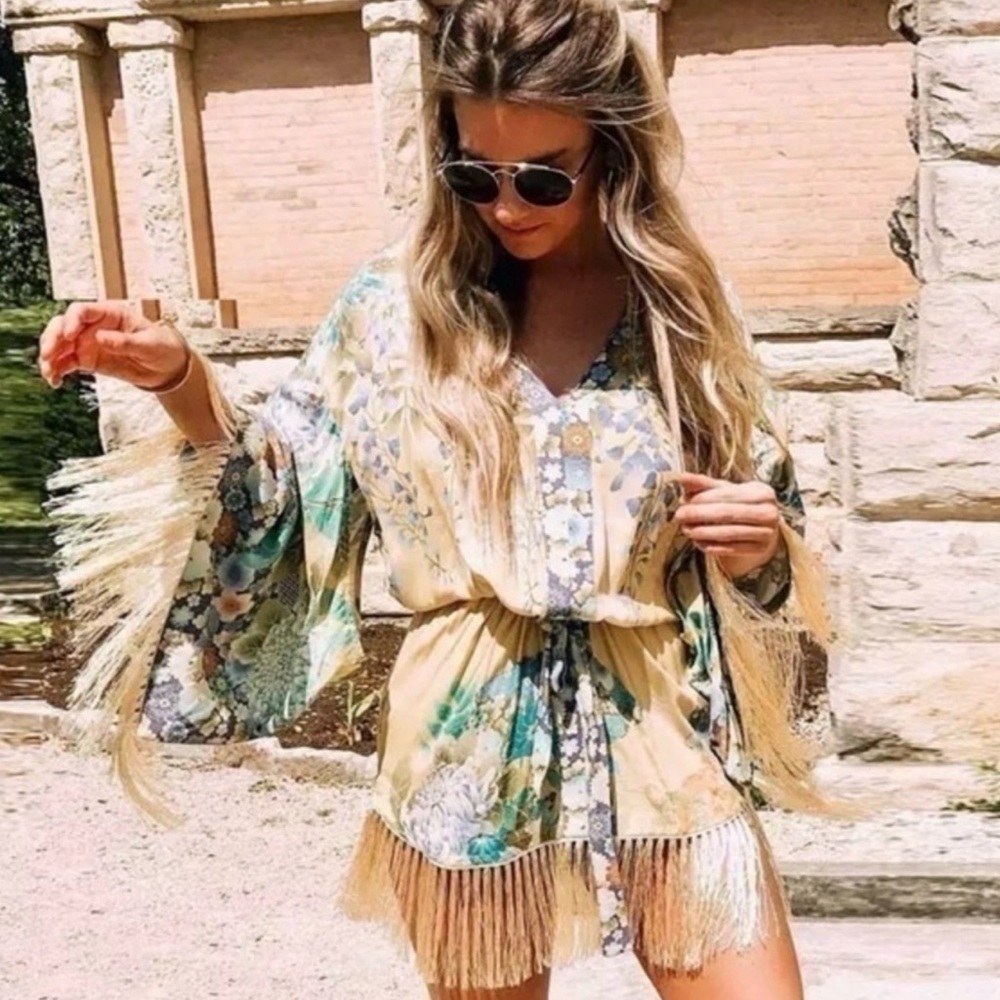 Haute Ellie Floral Kimono Top/Dress with Fringe
